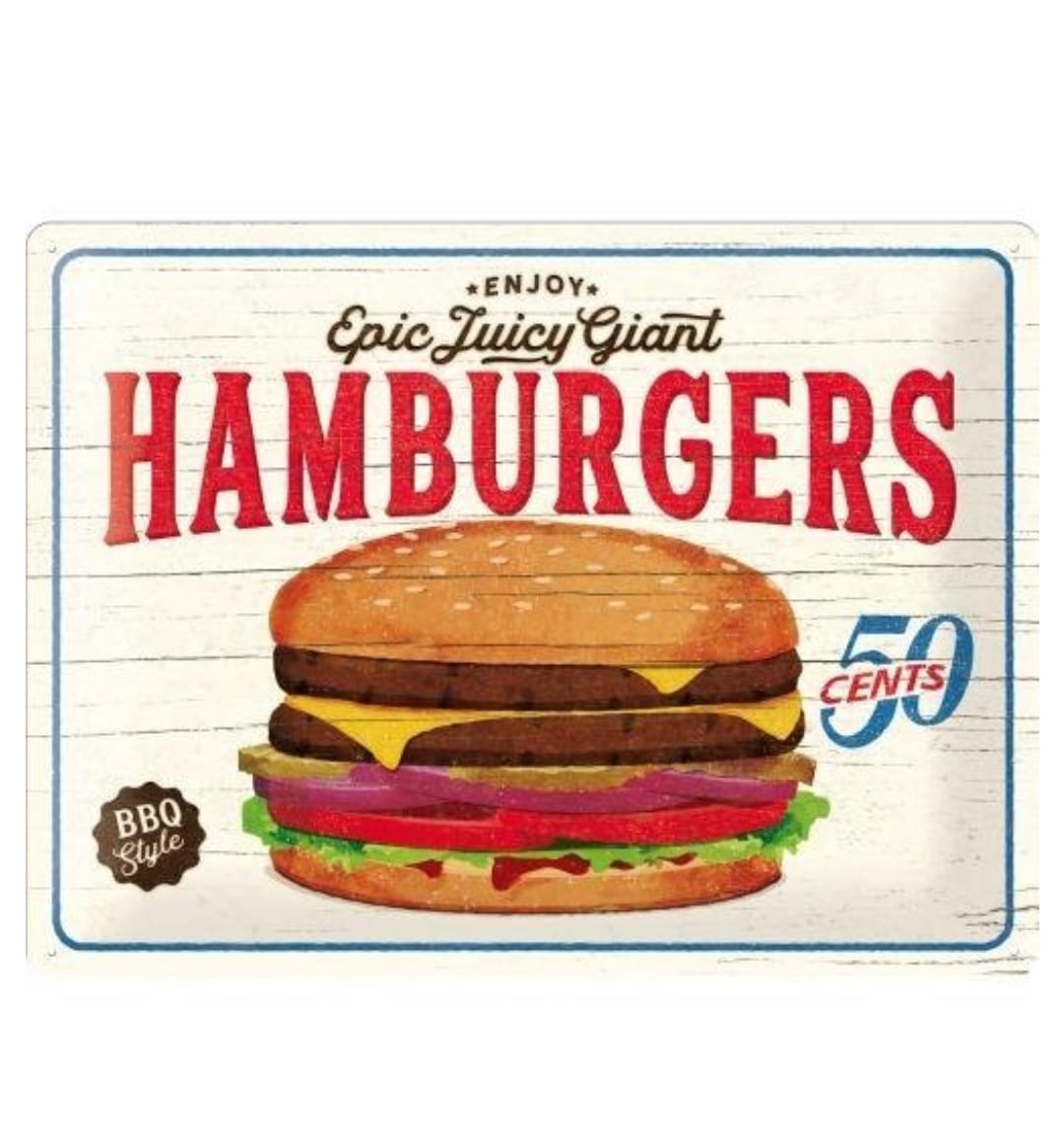 Retro Reclame/Wand bord in reliëf “Hamburgers” 30x40cm