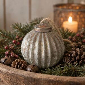 Sobere Glazen Kerstbal Gestreept Vergrijsd/Zilver 7,5cm